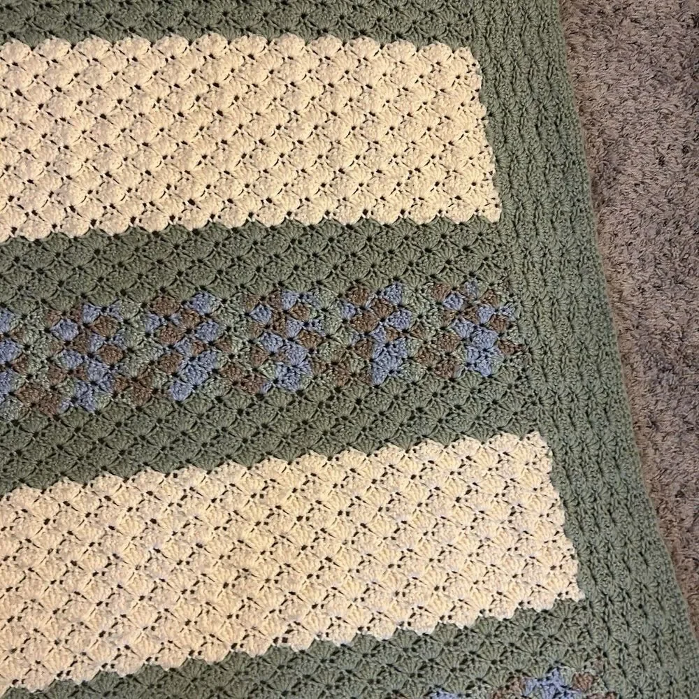 Handmade Crochet Afghan Lap/sofa Blanket 38 x 70” Green Cream Blue Brown